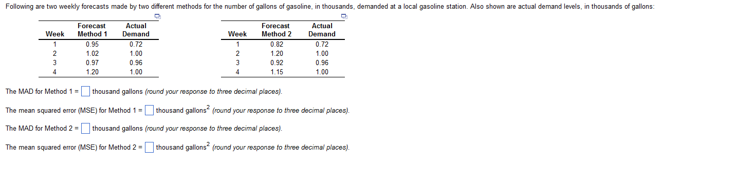  The MAD for Method 1= thousand gallons (round your response to