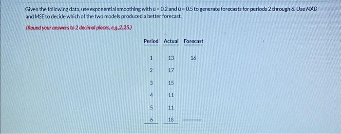  Given the following data, use exponential smoothing with a0.2 and a