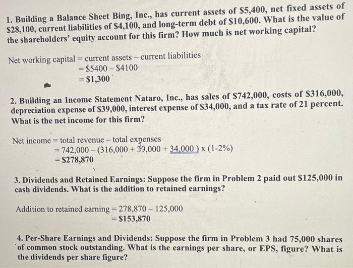 question 4 1. Building a Balance Sheet Bing, Inc., has current assets