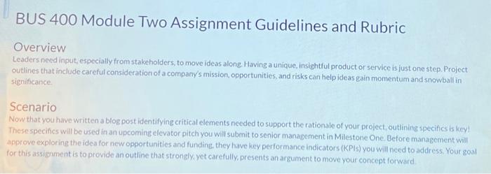 The Company is Tesla, INC. BUS 400 Module Two Assignment Guidelines and