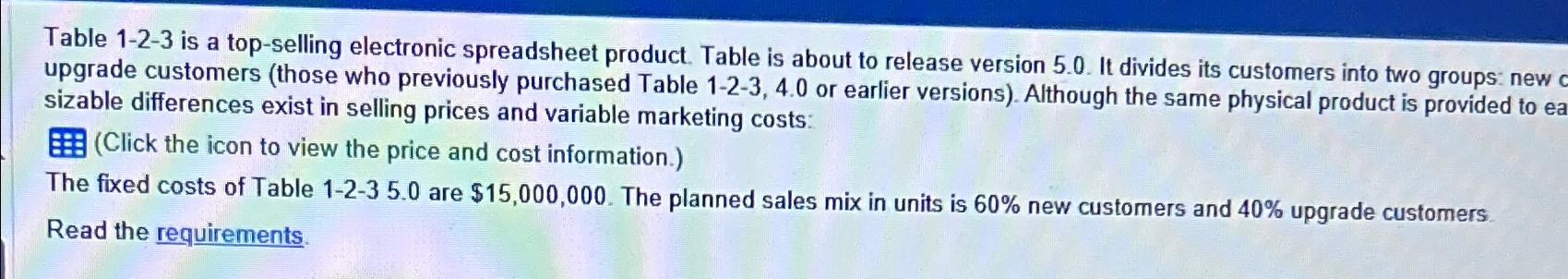  Table 1-2-3 is a top-selling electronic spreadsheet product. Table is about