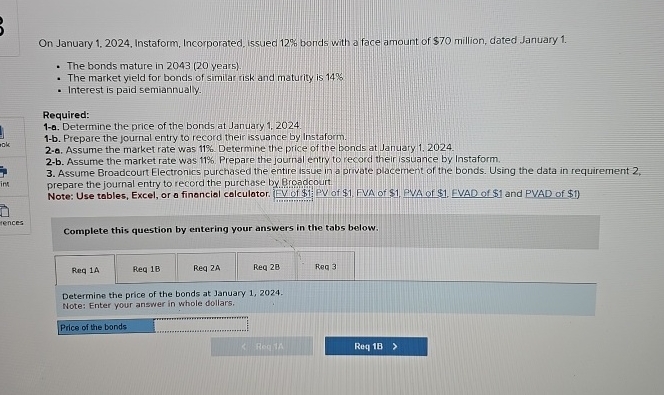  On January 1.2024, Instaform, Incorporated, issued 12% bonds with a face