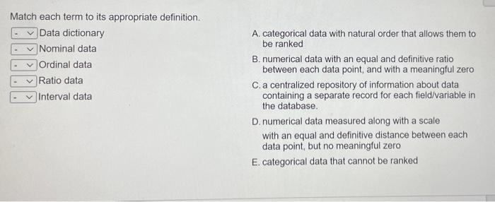  Match each term to its appropriate definition. Data dictionary Nominal data