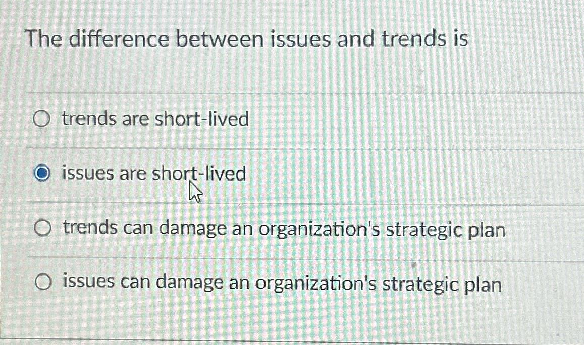  The difference between issues and trends is trends are short-lived issues