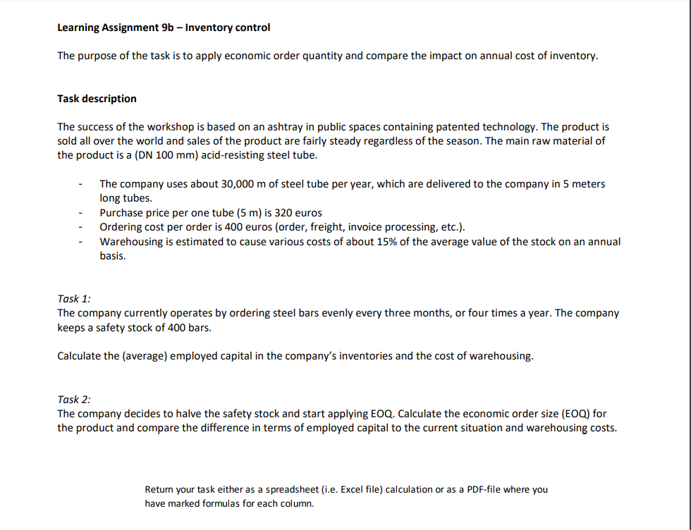  Learning Assignment 9b - Inventory control The purpose of the task