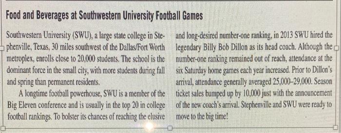 question Food and Beverages at Southwestern University Football Games Southwestern University (SWU),