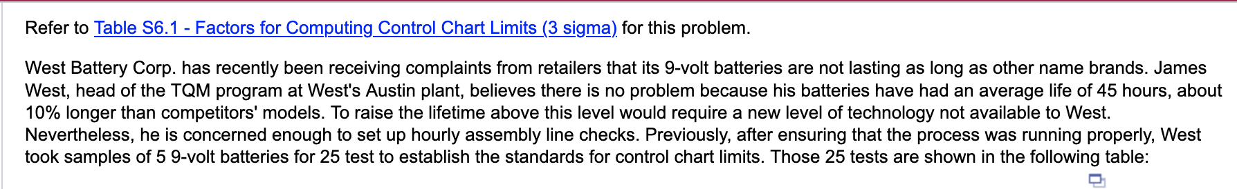 Please help me solve this Refer to Table S6.1 - Factors for