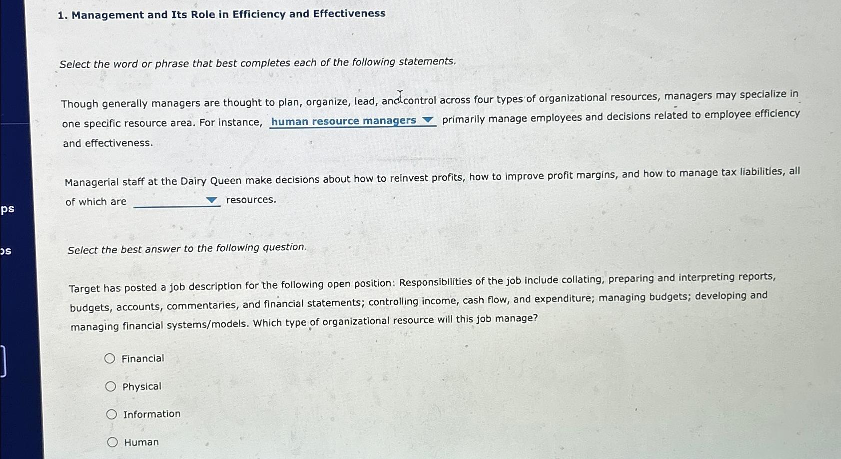  Management and Its Role in Efficiency and Effectiveness Select the word