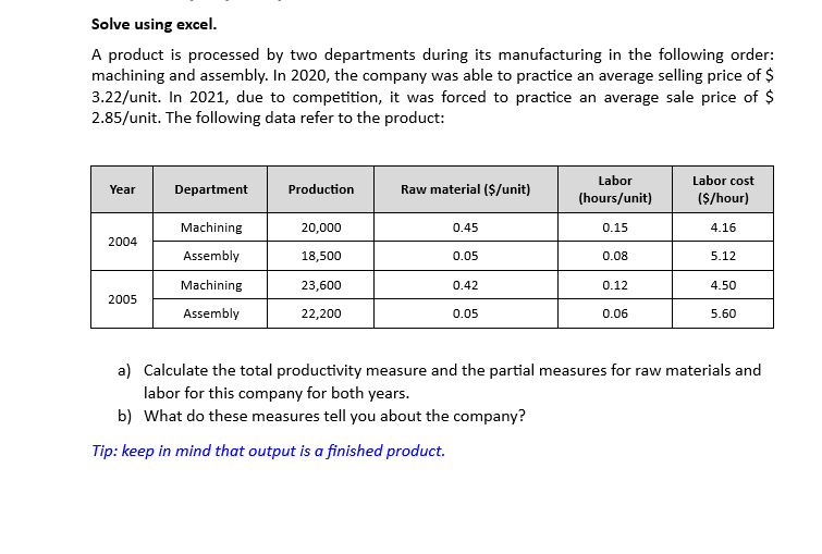  Solve using excel. A product is processed by two departments during