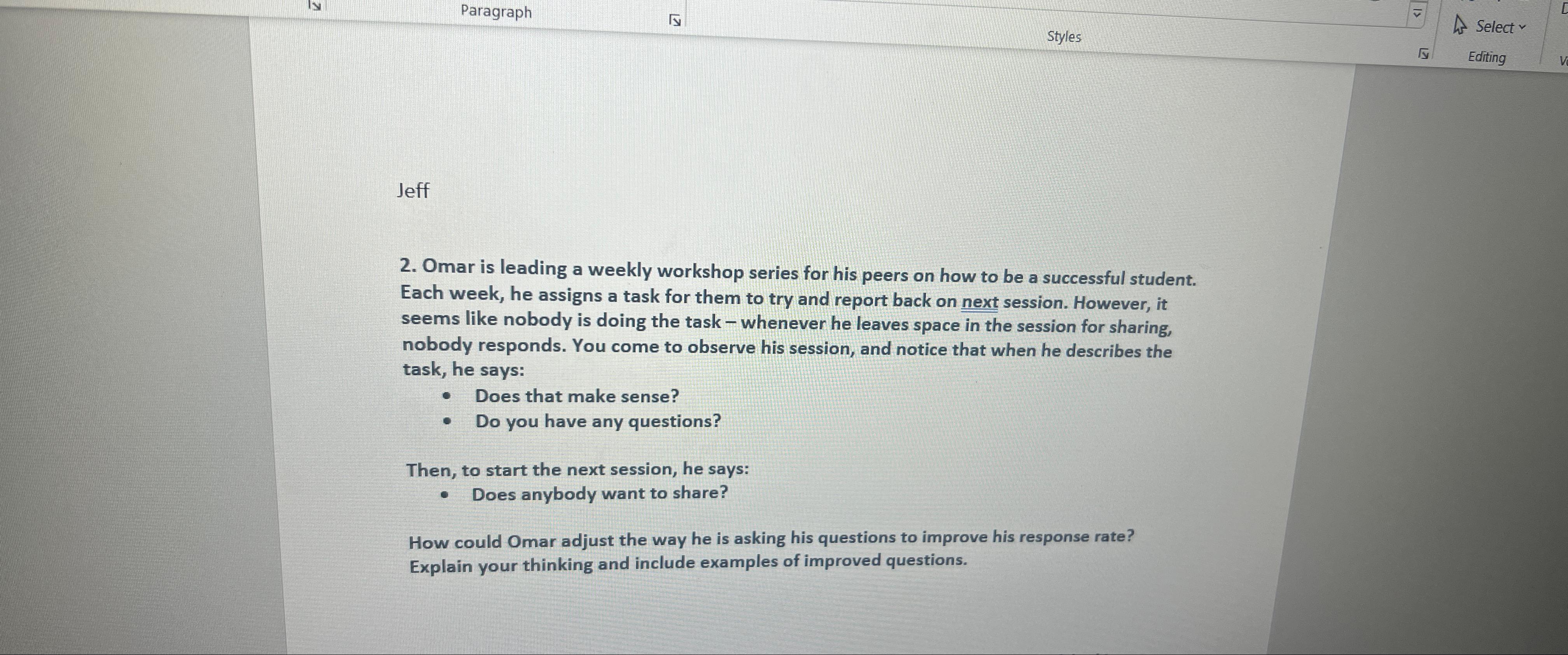  Paragraph y2 Styles Select Jeff 2. Omar is leading a weekly