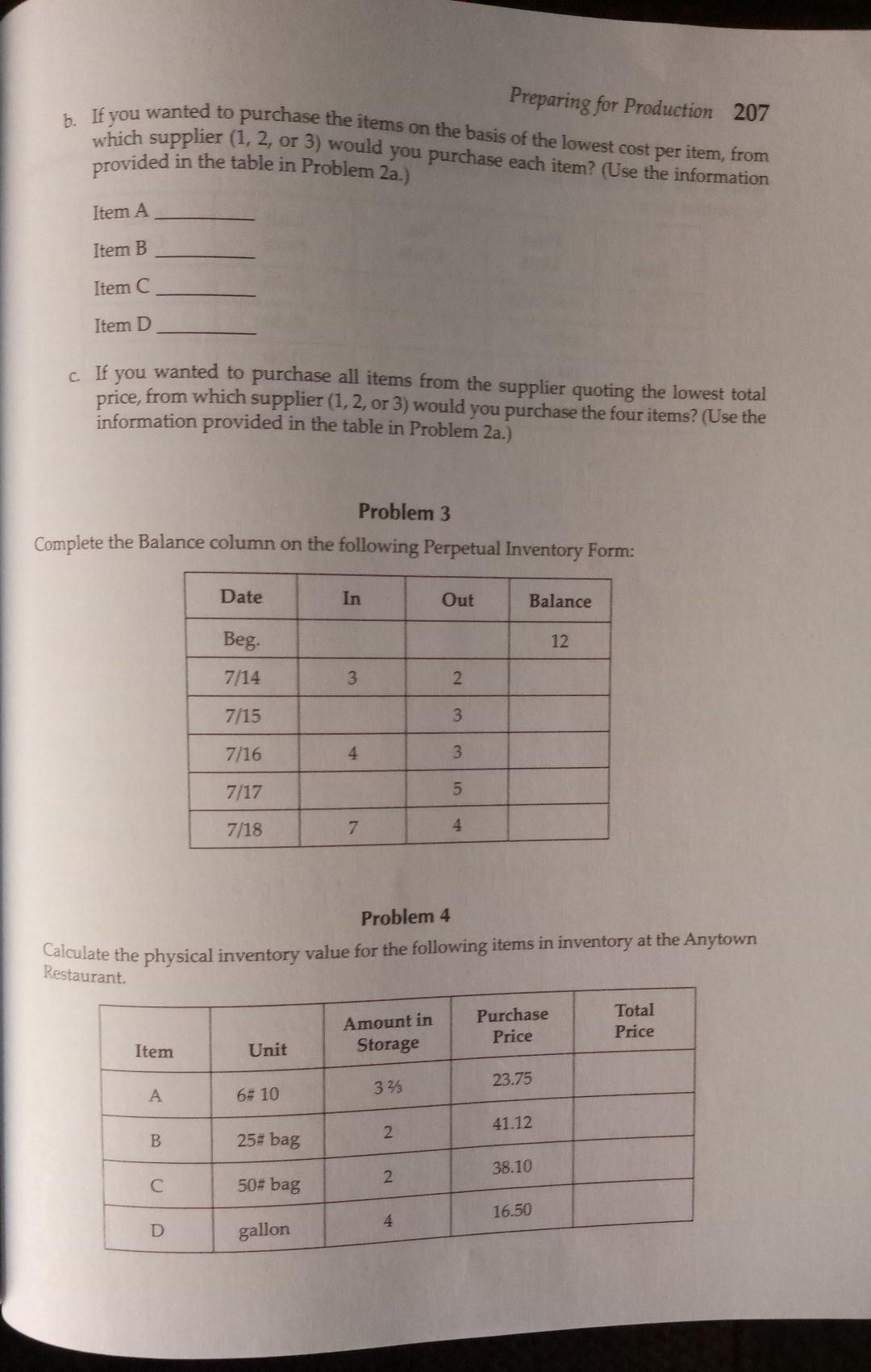 Preparing for Production 207 which supplier (1,2, or 3) would y
