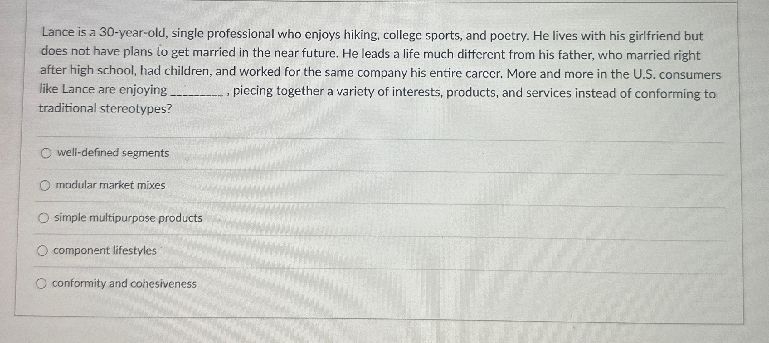  Lance is a 30-year-old, single professional who enjoys hiking, college sports,
