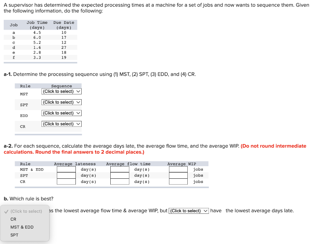 A supervisor has determined the expected processing times at a machine