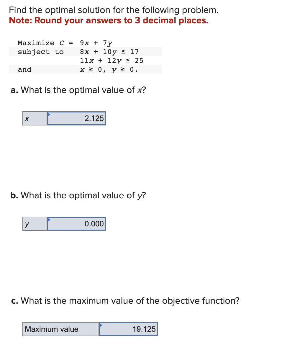  Find the optimal solution for the following problem. Note: Round your