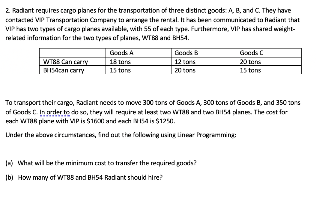 solve using excel 2. Radiant requires cargo planes for the transportation of