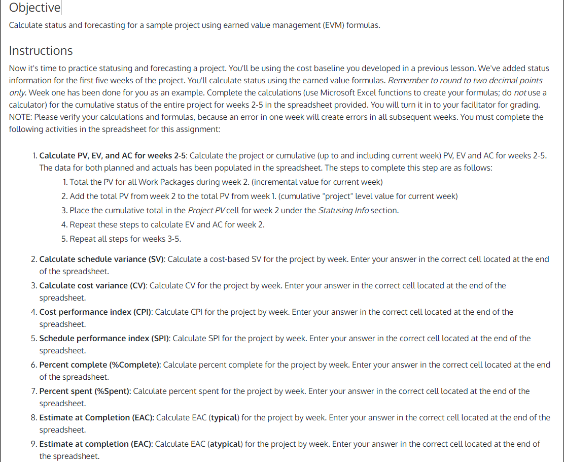 please help me with this assignment: Calculate status and forecasting for a