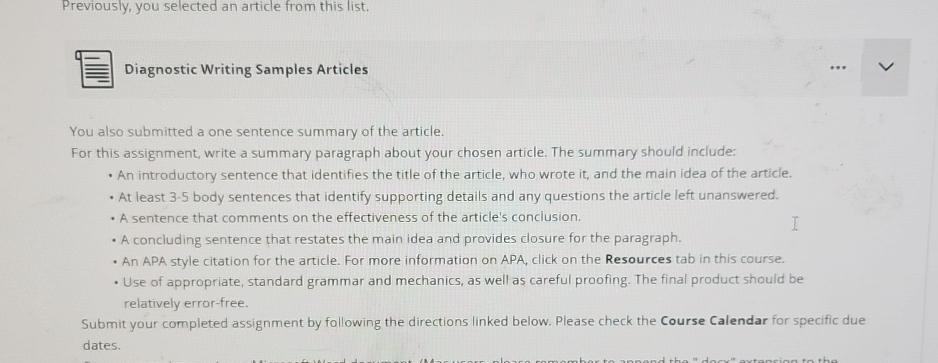  Previously, you selected an article from this list. Diagnostic Writing Samples
