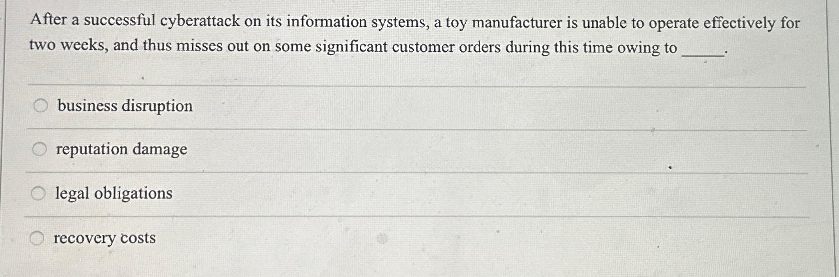  After a successful cyberattack on its information systems, a toy manufacturer