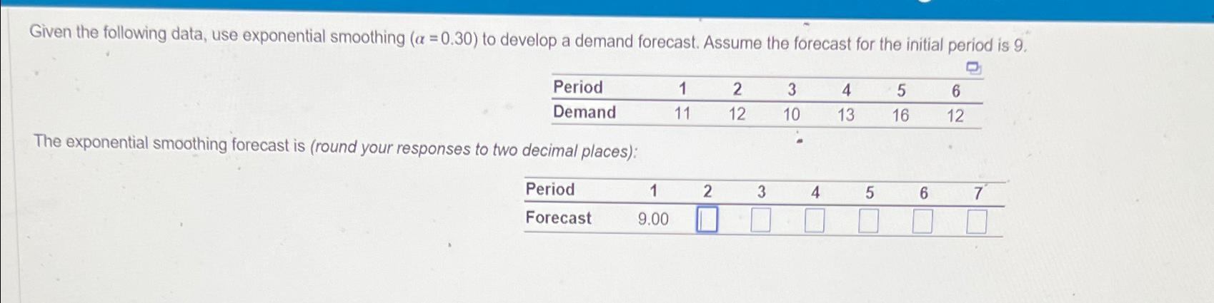  Given the following data, use exponential smoothing )=(0.30 to develop a