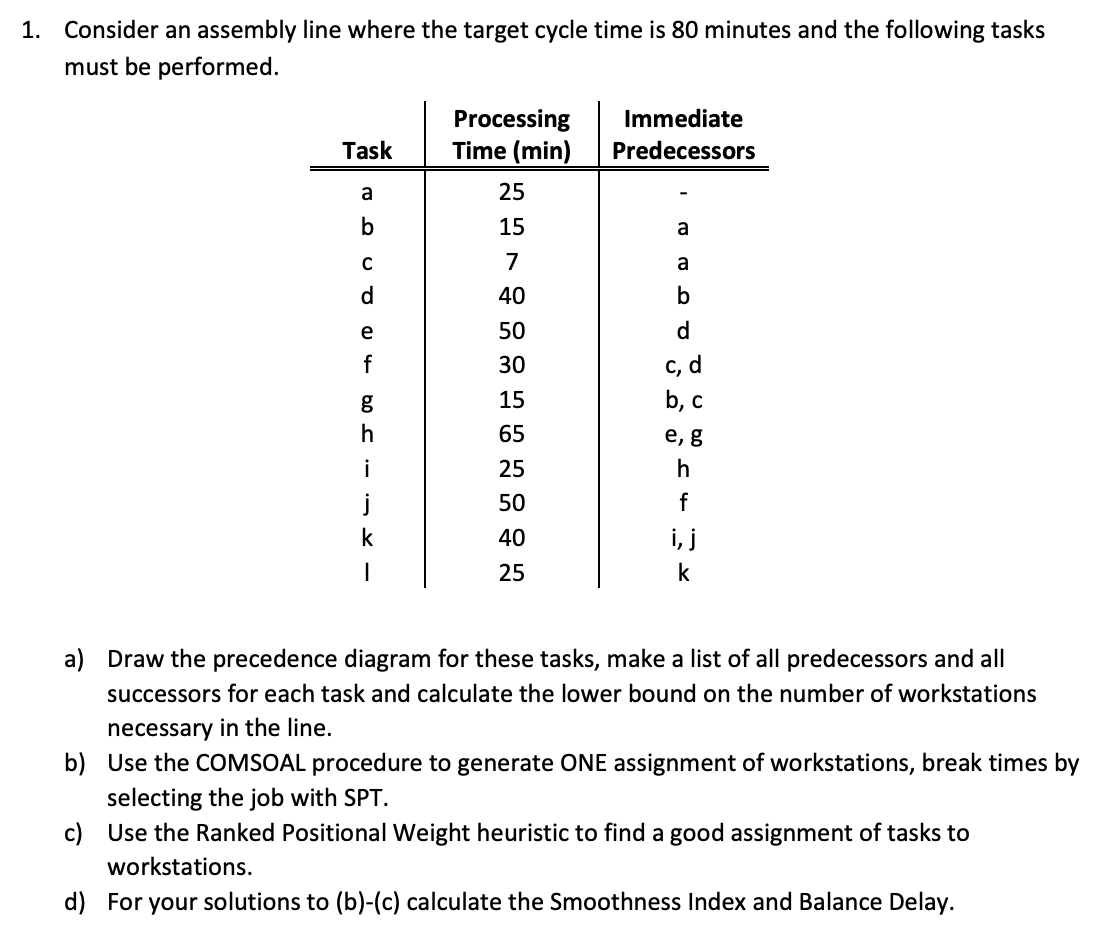  Consider an assembly line where the target cycle time is 80