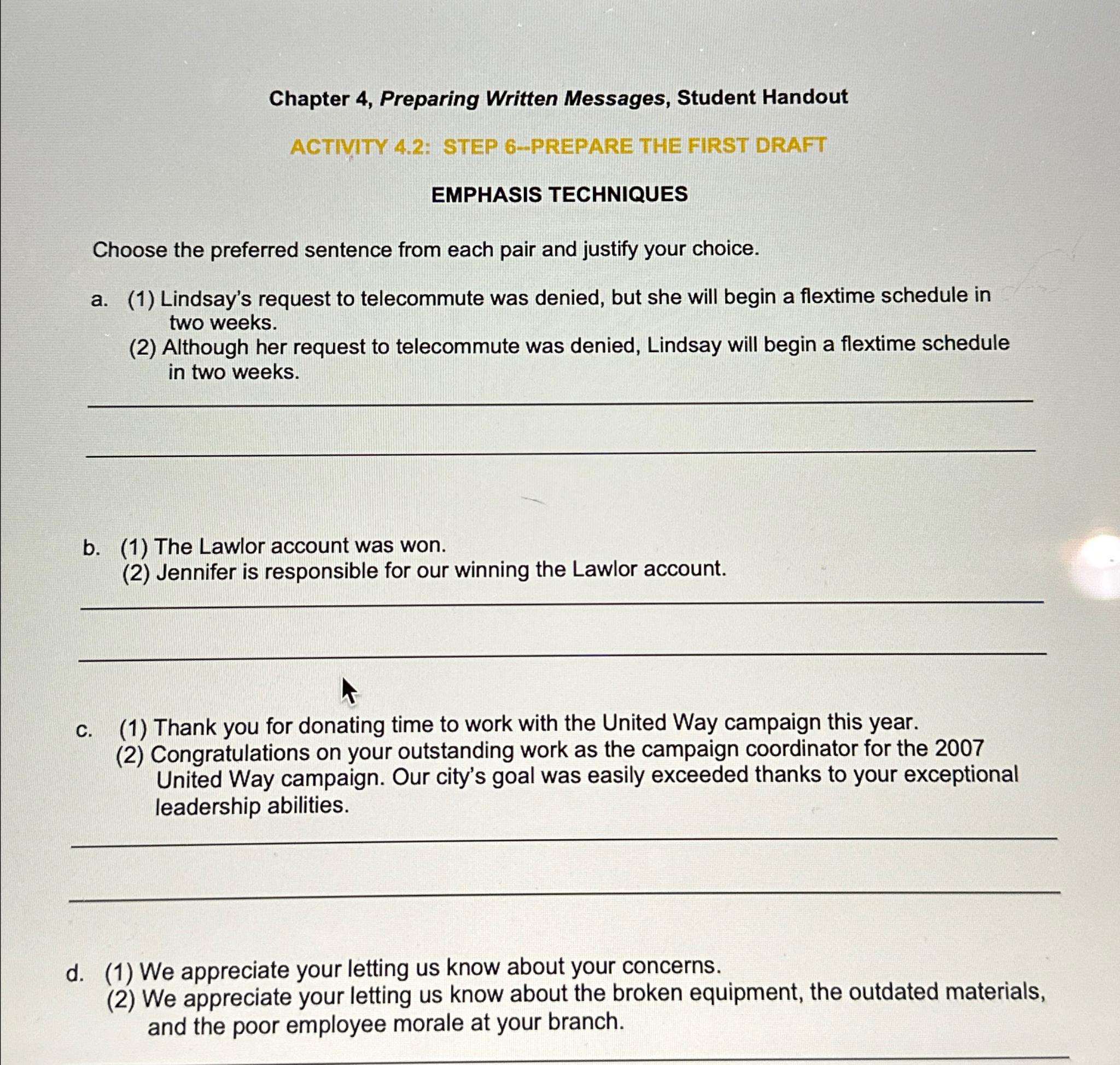  Chapter 4, Preparing Written Messages, Student Handout ACTIVITY 4.2: STEP 6-PREPARE