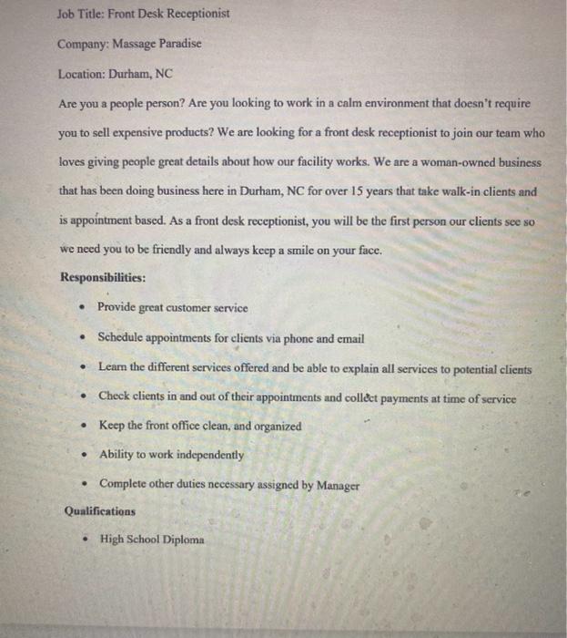 You will individually develop "FIVE" behavioral interview questions for Front Desk Receptionist