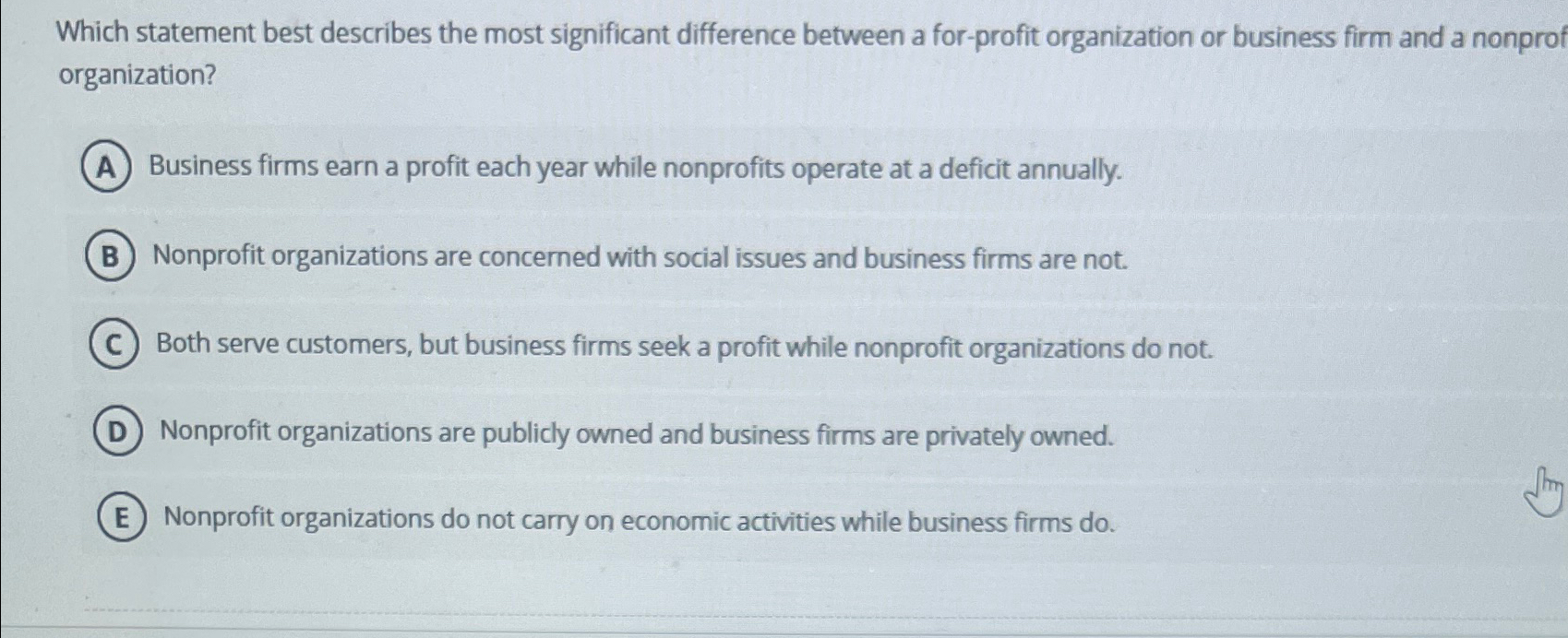  Which statement best describes the most significant difference between a for-profit