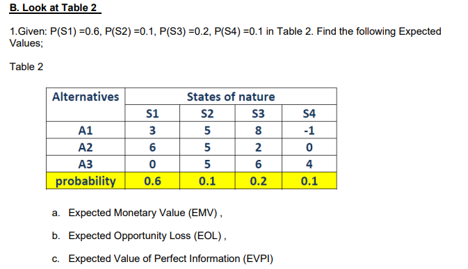  1.Given: P(S1)=0.6,P(S2)=0.1,P(S3)=0.2,P(S4)=0.1 in Table 2. Find the following Expected Values; Table