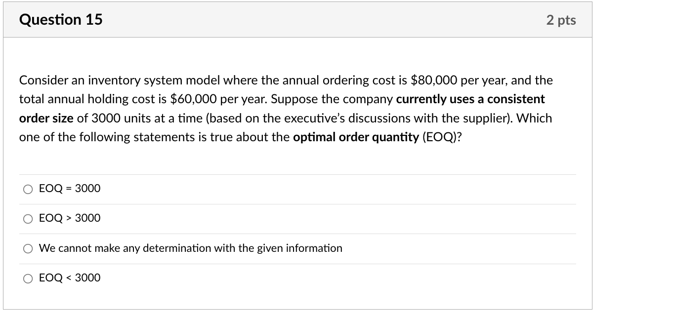  Consider an inventory system model where the annual ordering cost is