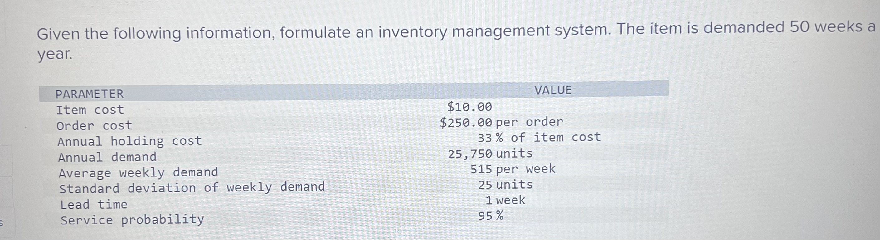 Given the following information, formulate an inventory management system. The item
