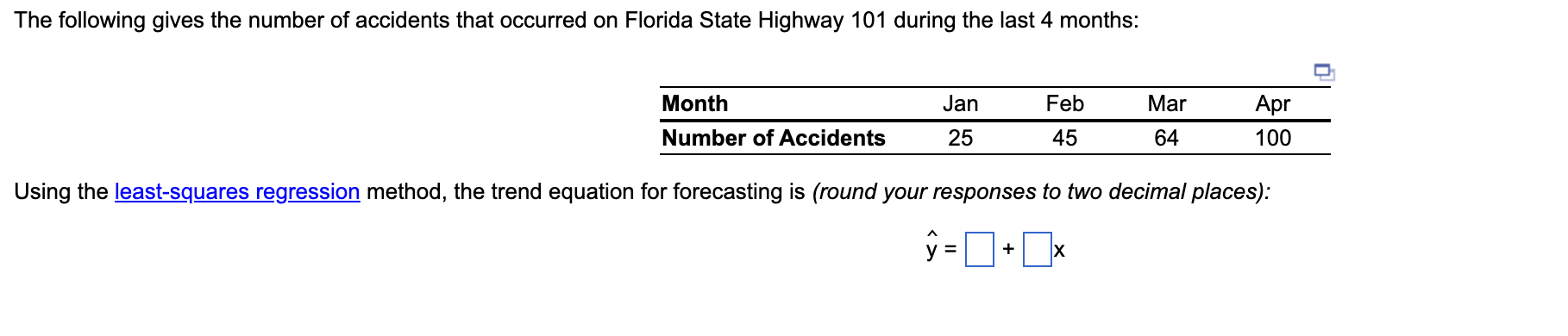 Using the : method, the trend equation for forecasting is (round