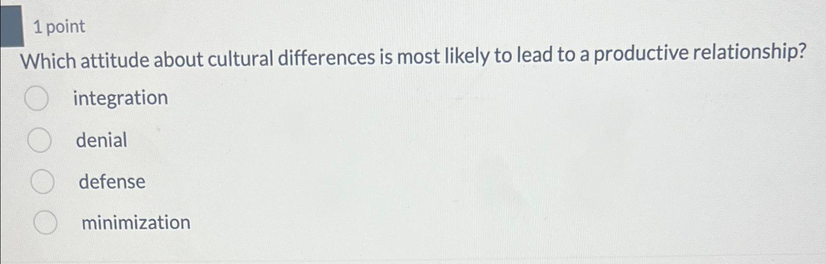  1 point Which attitude about cultural differences is most likely to