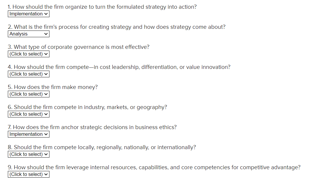 Pick between IMPLEMENTATION, ANALYSIS, and FORMULATION 1. How should the firm organize