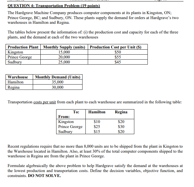 QUESTION 4: Transportation Problem (19 points) The Hardgrave Machine Company produces