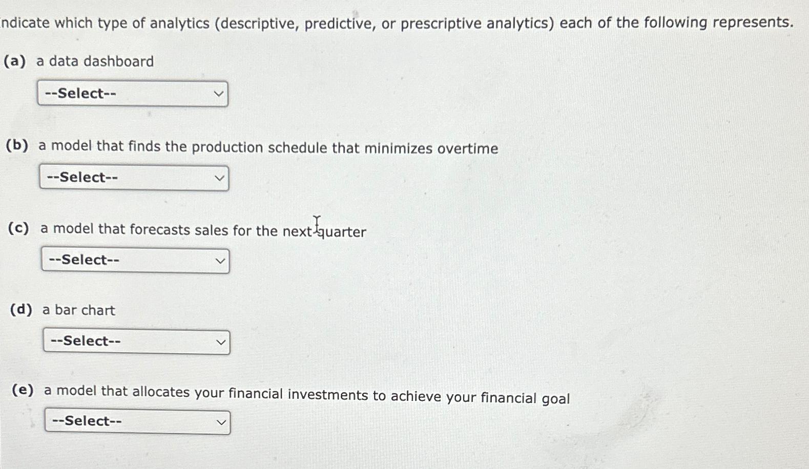  ndicate which type of analytics (descriptive, predictive, or prescriptive analytics) each