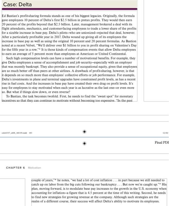  Please read the case DELTA from Chapter 6 Motivation Page: -