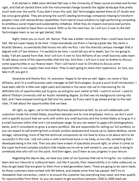 of plaining: 1. The Recruiting session you read from Dell Technologies 2.