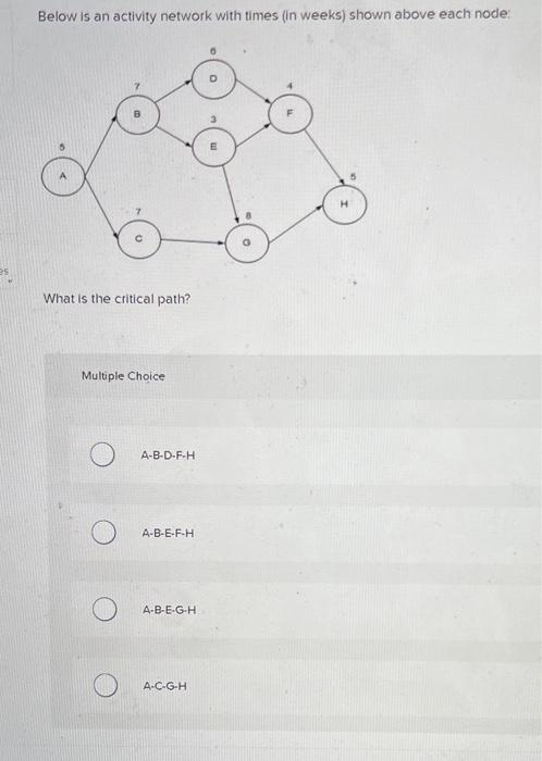  Below is an activity network with times (in weeks) shown above