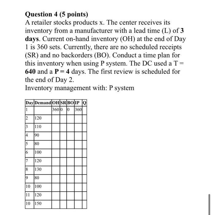 solve and fill the table please Question 4 (5 points) A retailer