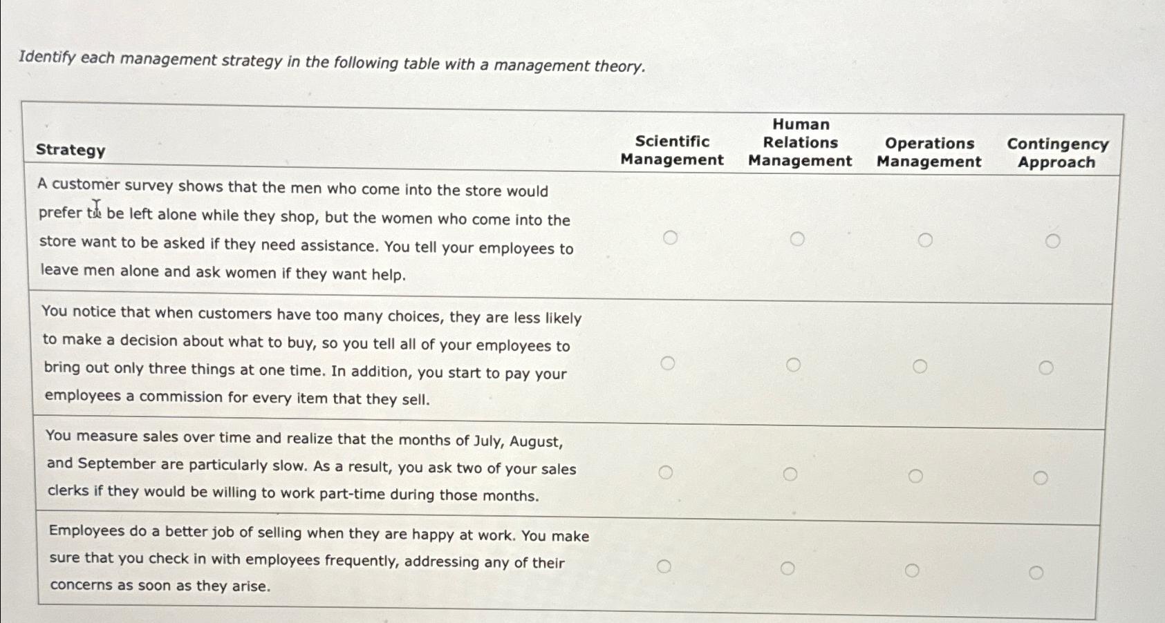  Identify each management strategy in the following table with a management
