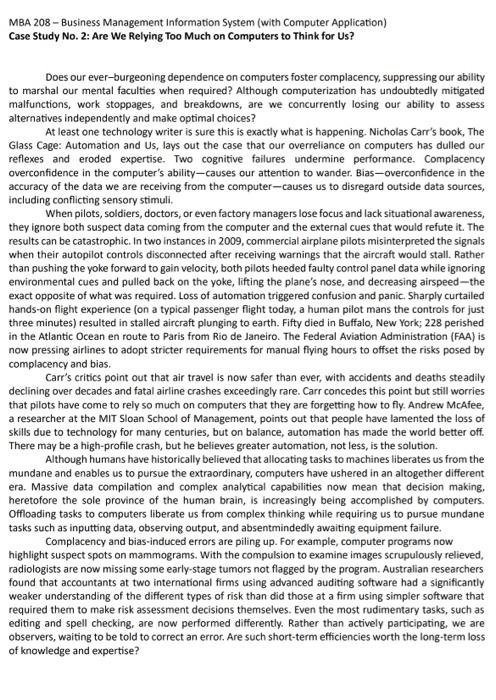  MBA 208 - Business Management Information System (with Computer Application) Case