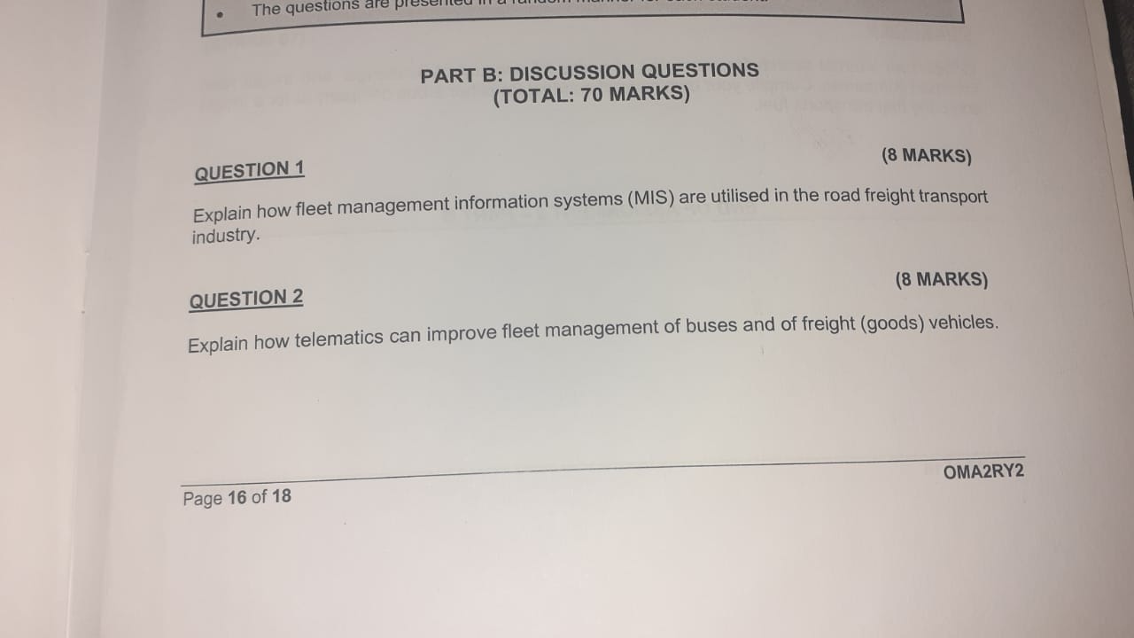  QUESTION 1 (8 MARKS) Explain how fleet management information systems (MIS)