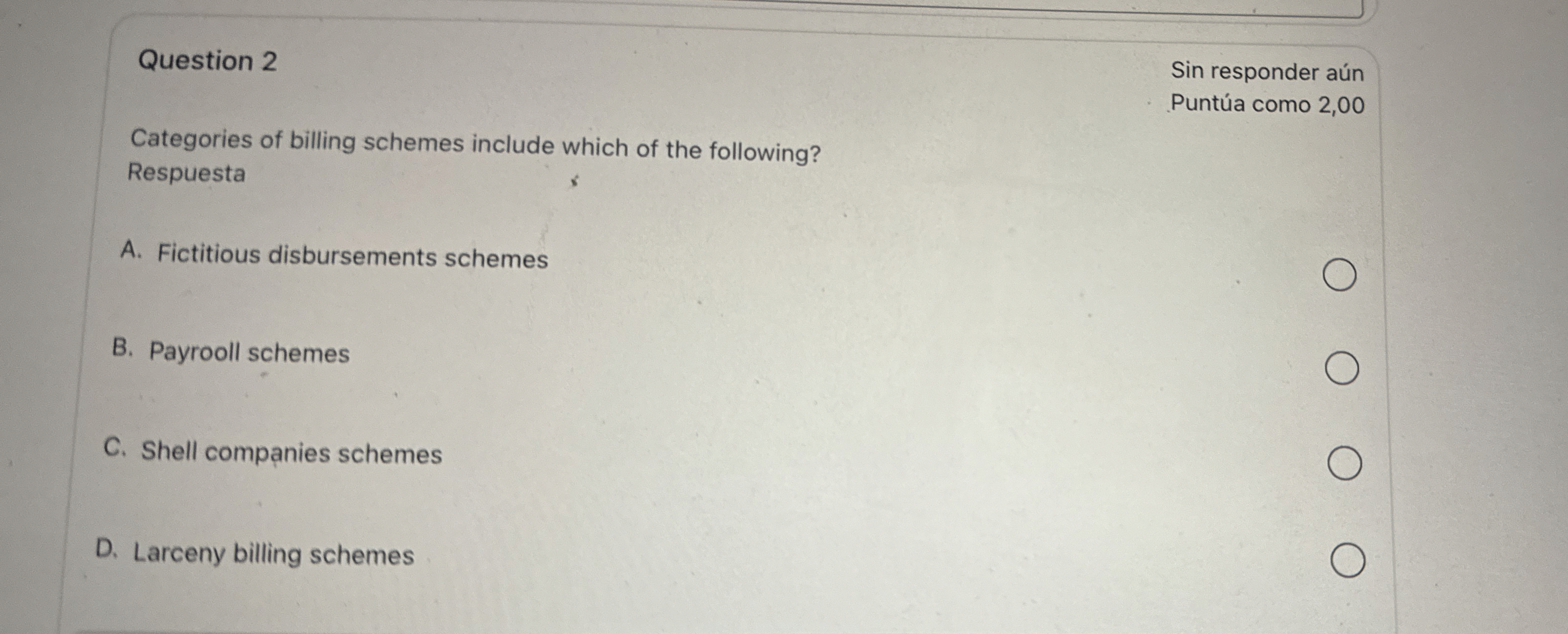  Question 2 Sin responder an Punta como 2,00 Categories of billing