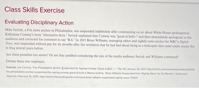  Class Skills Exercise Evaluating Disciplinary Action Mike Jerrick, a Fox news