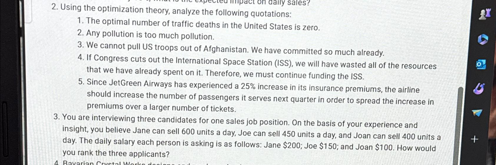  Using the optimization theory, analyze the following quotations: The optimal number