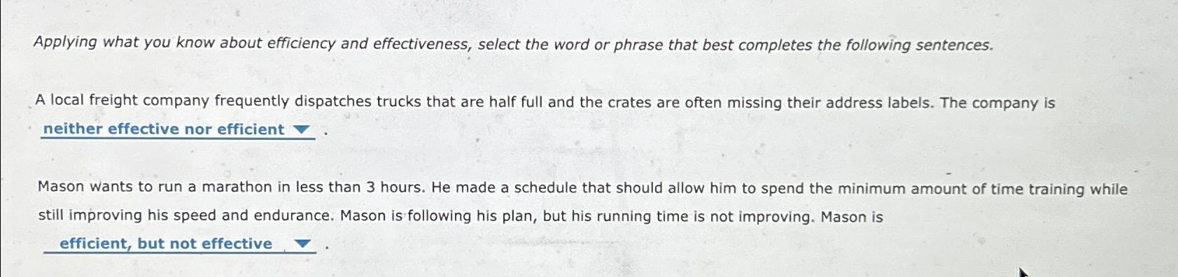  Applying what you know about efficiency and effectiveness, select the word