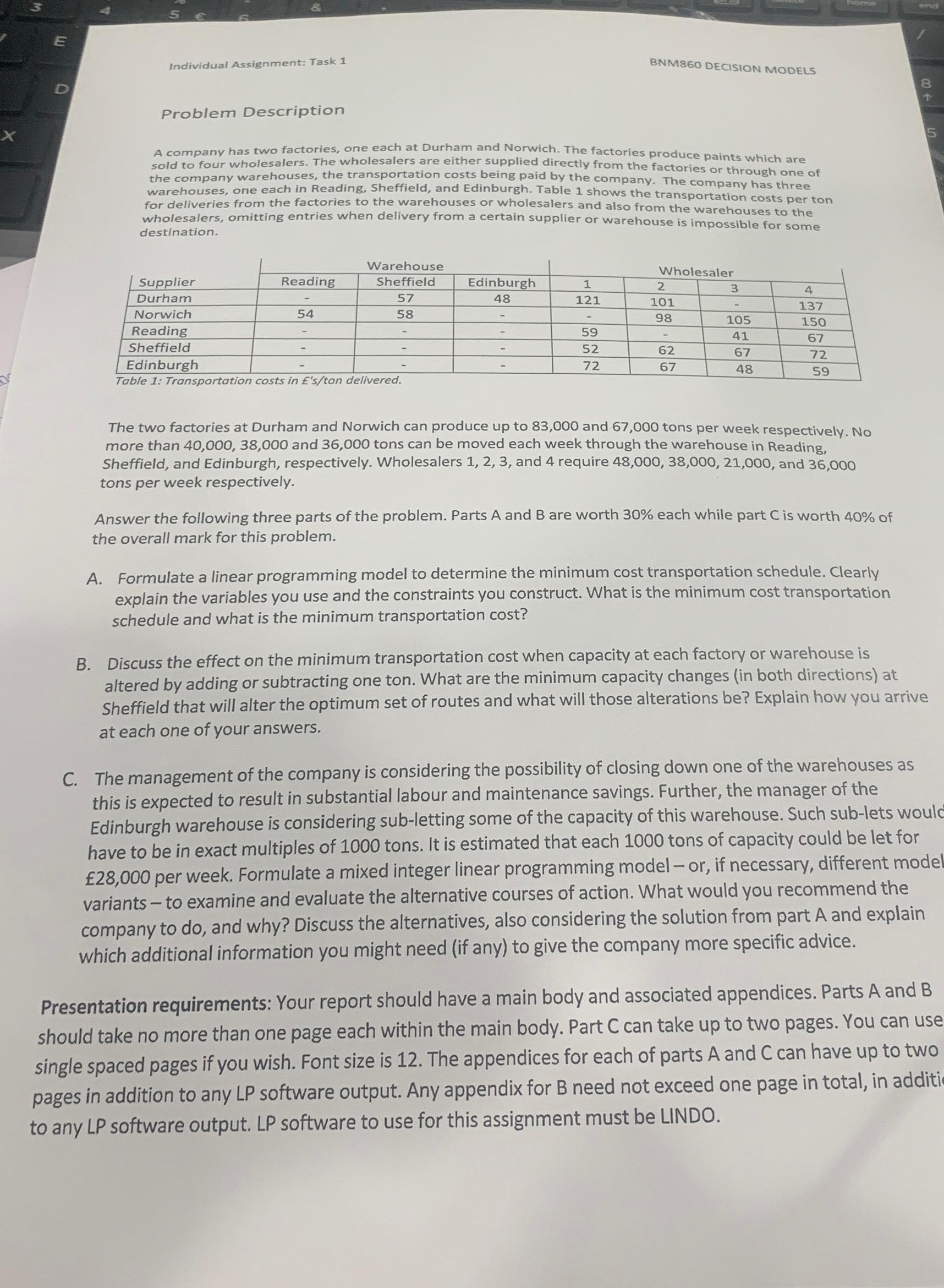 Individual Assignment: Task 1 BNM860 DECISION MODELS Problem Description A company