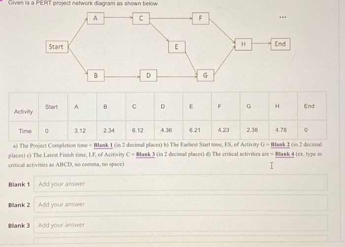 Given is a PERT project network diagram as shown below. Start A