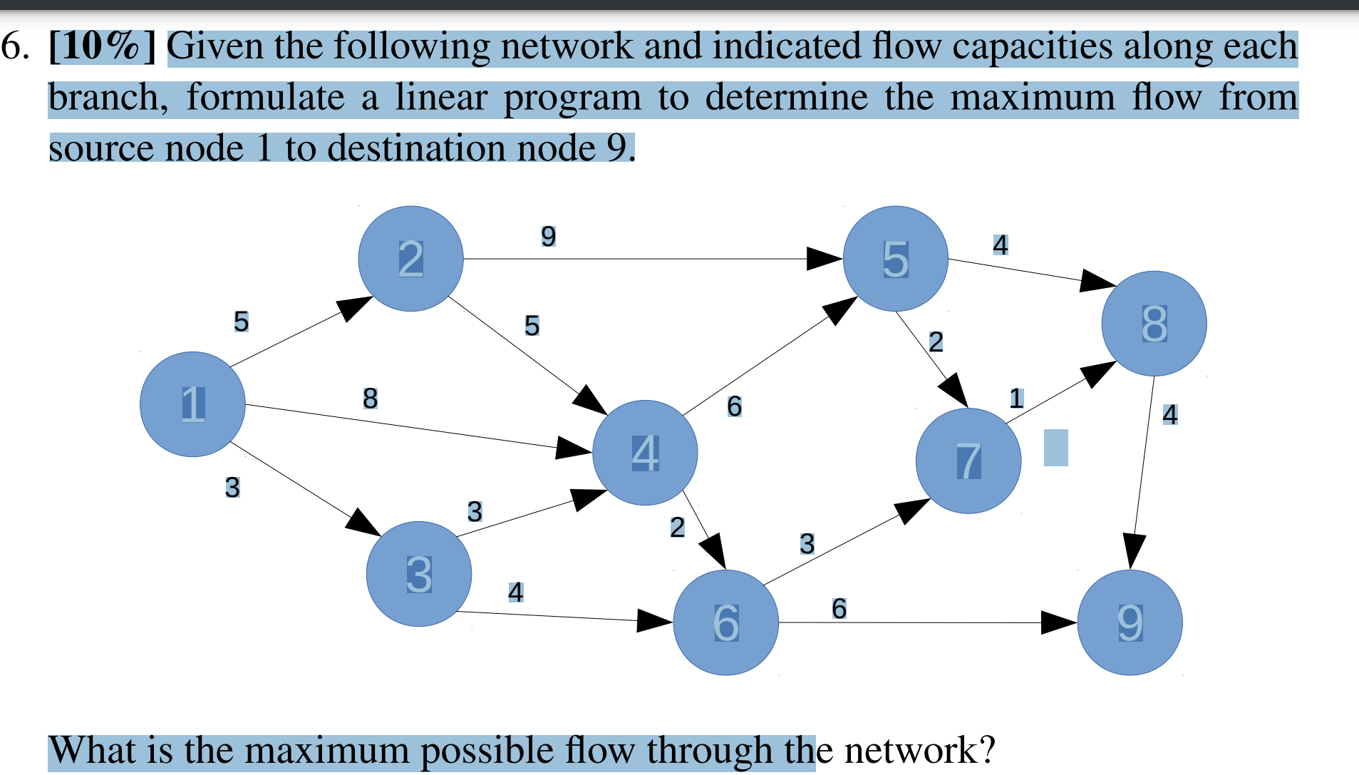  6. [10% ] Given the following network and indicated flow capacities