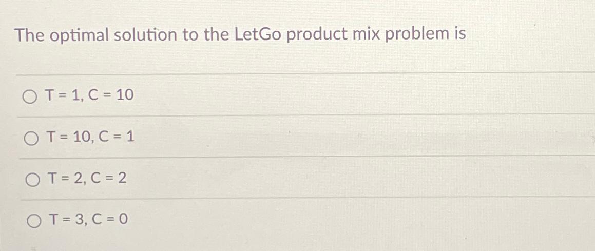  The optimal solution to the LetGo product mix problem is T=1,C=10